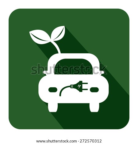 Green Square Eco Car Long Shadow Style Icon, Label, Sticker, Sign or Banner Isolated on White Background