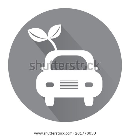 Black Circle Eco Car With Young Plant Flat Long Shadow Style Icon, Label, Sticker, Sign or Banner Isolated on White Background