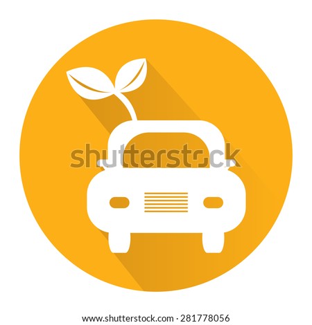 Yellow Circle Eco Car With Young Plant Flat Long Shadow Style Icon, Label, Sticker, Sign or Banner Isolated on White Background