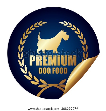 Blue Metallic Premium Dog Food Infographics Peeling Sticker, Icon, Badge, Sign or Label Isolated on White Background