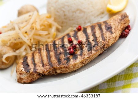 Grilled turkey fillet ,rice,soy sprouts and vegetable salad