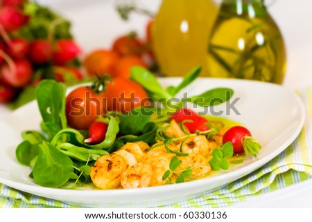 Roasted Prawns with Salad of Corn Salad,radish,Cherry Tomatoes