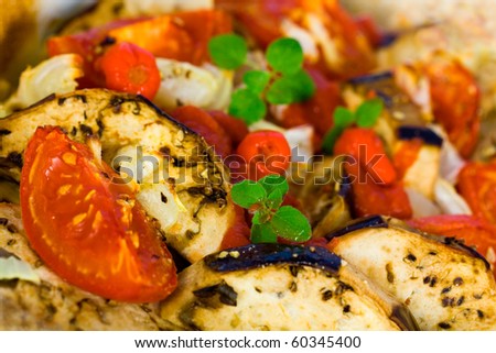 vegetable casserole with aubergine,zucchini,tomato,red bell pepper and cheese
