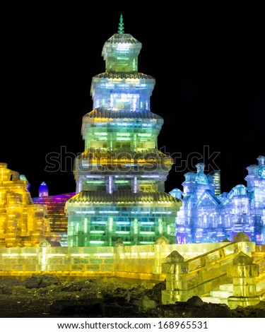 HARBIN, PEOPLE'S REPUBLIC OF CHINA - DECEMBER 27: Ice Sculpture at the 2014 Harbin Snow and Ice Festival shown on December 27, 2013 in Harbin, People's Republic of China.