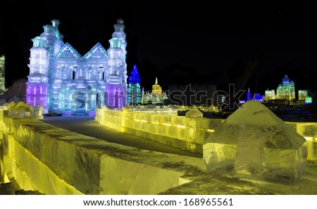 HARBIN, PEOPLE\'S REPUBLIC OF CHINA - DECEMBER 27: Ice Sculpture at the 2014 Harbin Snow and Ice Festival shown on December 27, 2013 in Harbin, People\'s Republic of China.