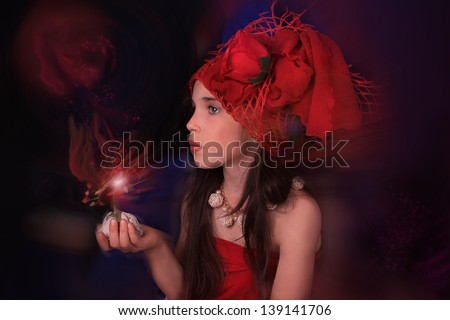 girl in a red hat with a rose on a dark background