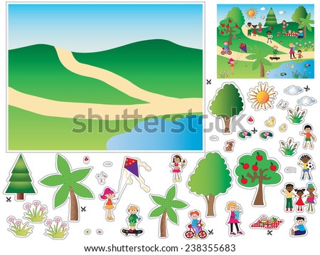 Game for children : cut and paste the objects and people in the background