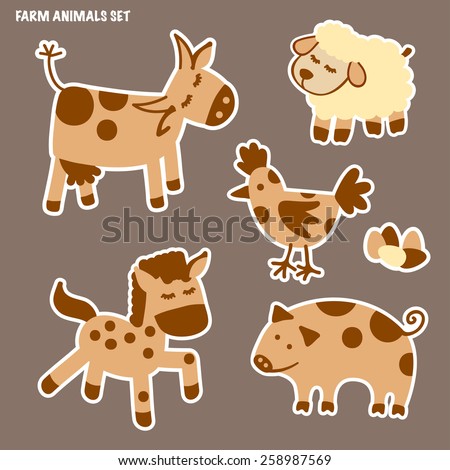 Set of farm animals. Horse, cow, sheep, pig and chicken
