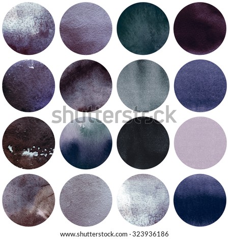 Watercolor circles collection in grey colors. Watercolor stains set isolated on white background. Watercolour texture palette. Seamless retro geometric pattern, wrapping paper.