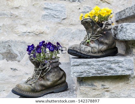 two old boots with flowers blue and yellow