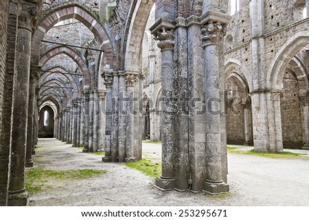 Gothic architecture inside of an abbey, Italy