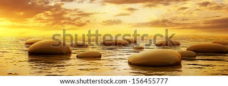 Smooth Stones Reflecting In Water At Sunset, Panoramic View
