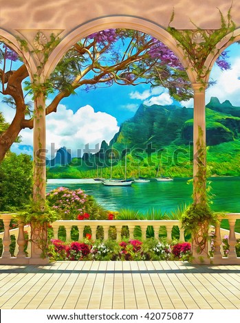 Terrace with balustrade overlooking the sea, yachts and mountains. Digital painting. Imitation of oil painting.
