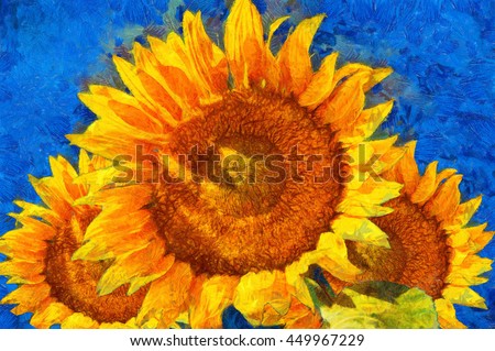 Sunflowers.Van Gogh style imitation. Digital imitation of post impressionism oil painting.