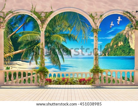 Terrace with colonnade and balustrade overlooking the tropical bay with green plants, palms and mountain. Digital painting. Imitation of oil painting.