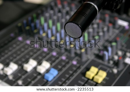 Audio mixer and microphone in small radio studio