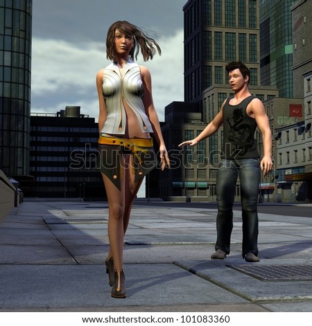 Illustration of a young woman walking down a city sidewalk and catching the eye of a young man