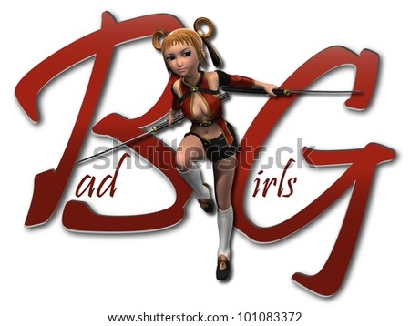 Illustration of a woman warrior with background text