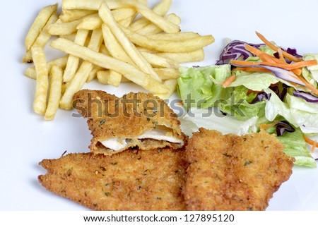 photograph of breaded meat with fries and salad
