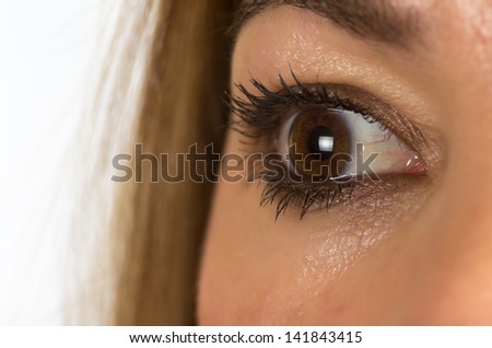 portrait of a real woman eye on white background