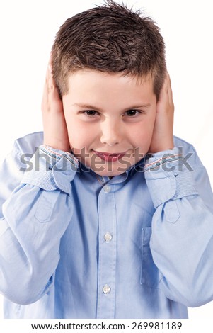 photograph of a child who will not listen on a white background