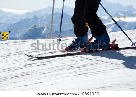Close up of ski legs and ski pole against mountain background