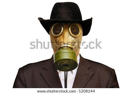 Businessman In Gas Mask & Cowboy Hat. Isolated On White. Stock Photo 