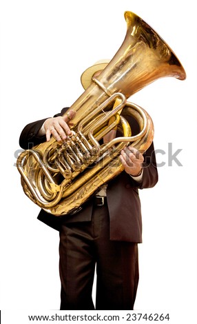 Musician is playing on the golden tuba. Isolated on white.