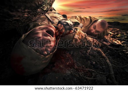 Bloody monster near soldier\'s dead body. Apocalypse background