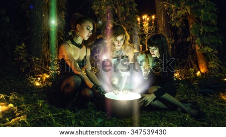Three beautiful witches are looking in to the magic cauldron. Dark forest on the background.
