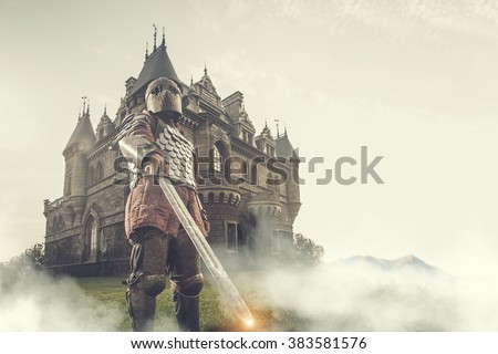 Medieval knight with the sword on the ancient castle background. Low contrast post processing.