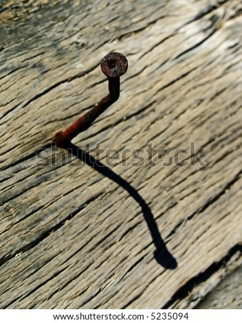 Tight focus on the head of a rusty nail in an old piece of wood.