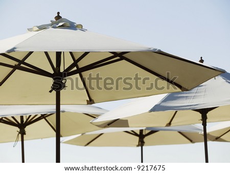 White canvas beach cafe umbrellas.