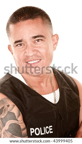 Portrait of handsome Hispanic Cop in Bullet-Proof Vest on White background