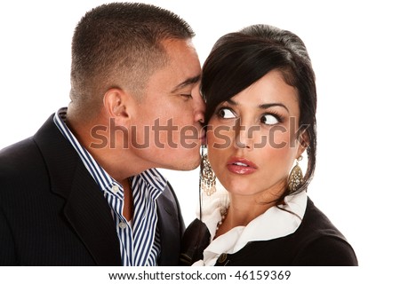Hispanic man with lipstick on his face kissing pretty woman