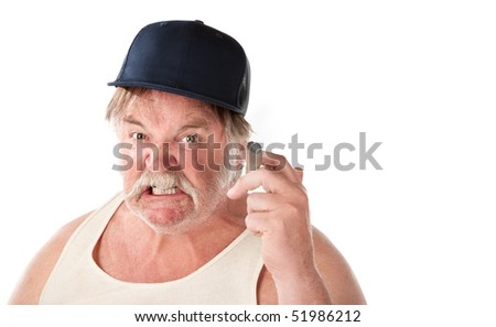 Angry big man in tee shirt with cigar and baseball cap