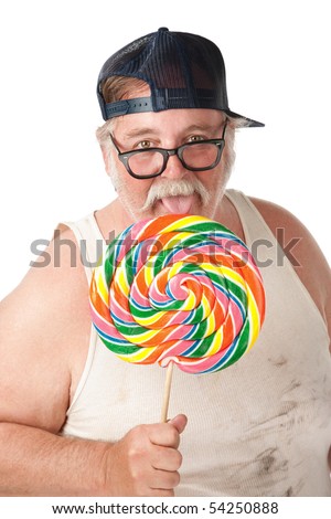stock photo : Fat man with thick glasses licking a lollipop