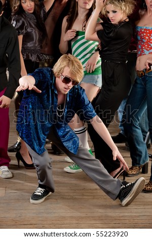 stock photo Break dancing pose at a 1970s Disco Music Party