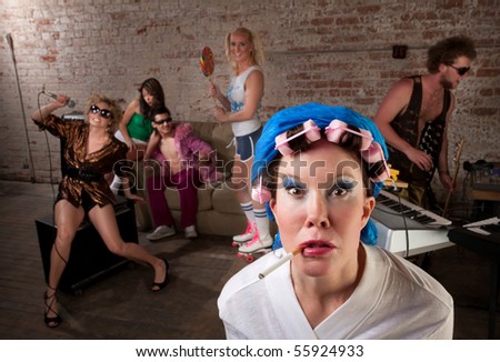 Angry lady in bathrobe crashing a 1970s Disco Music Party