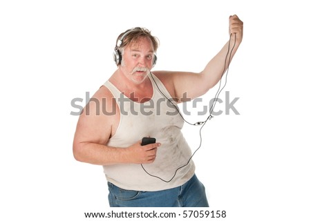 fat man dancing. stock photo : Fat man with mp3