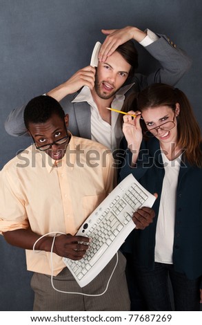 Geek with keyboard, salesman combing his hair and a nerd scratching her head