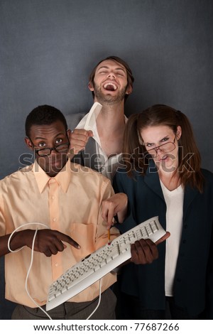 Man with comb laughs from behind two nerds