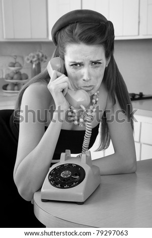 Mascara smeared housewife crys on phone in a retro-style scene