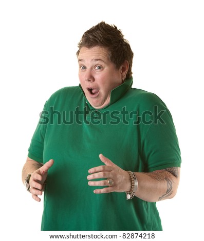 stock photo Shocked chubby woman over white background with mouth wide 