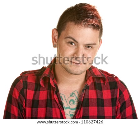 Smirking man in flannel shirt over white background