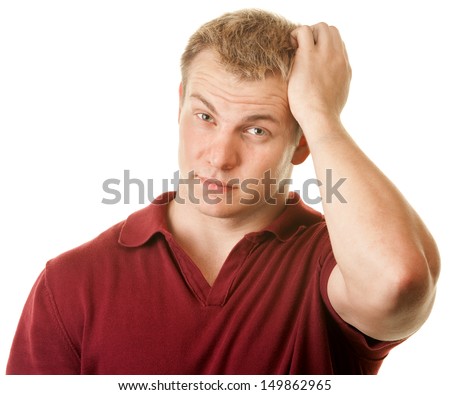 Cute muscular man scratching his head over white background