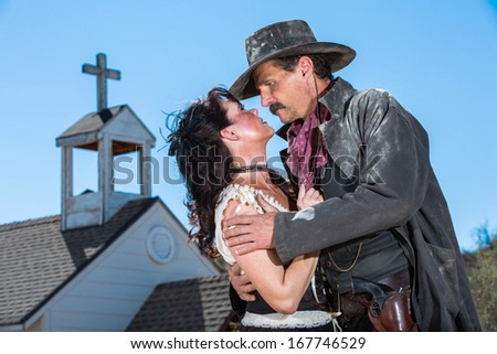 Romantic Old West Man and Woman Embrace