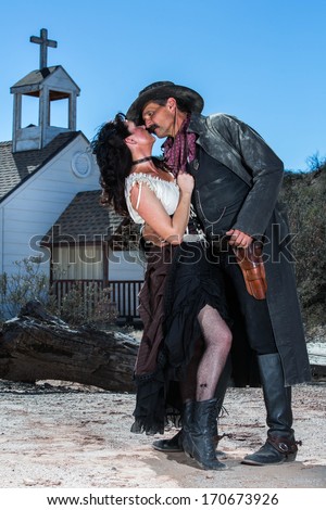 Old West Man and Woman About to Kiss