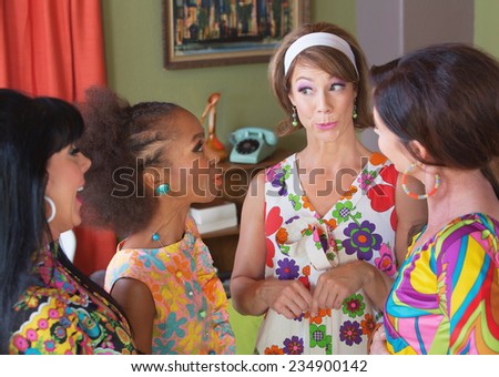 Cute gossiping woman with hair band and group of friends