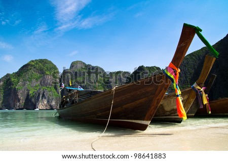 A long tail boat sits in Maya Bay